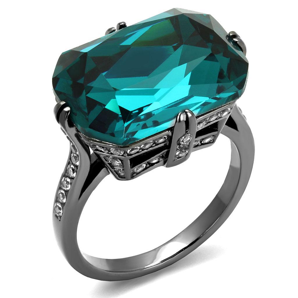 TK2998 - IP Light Black  (IP Gun) Stainless Steel Ring with Top Grade Crystal  in Blue Zircon - Joyeria Lady