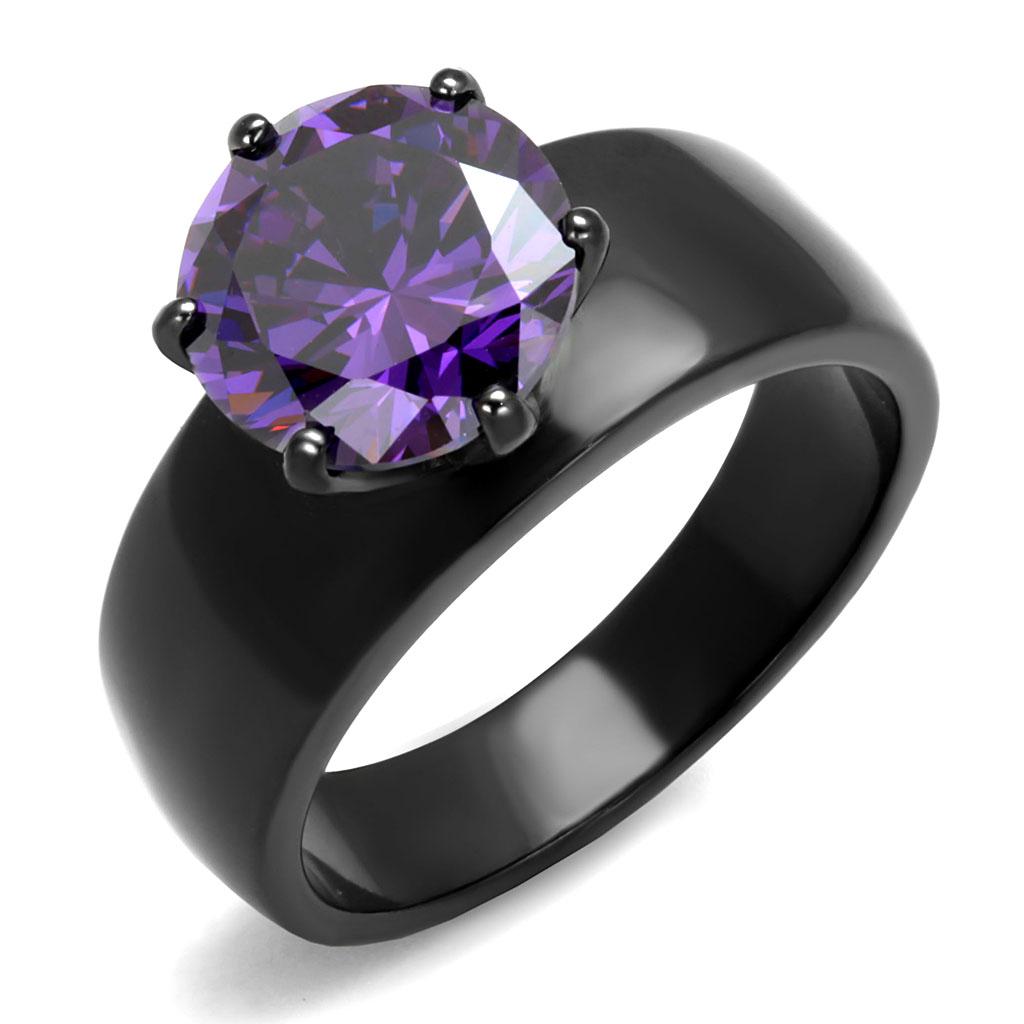 TK2999 - IP Black(Ion Plating) Stainless Steel Ring with AAA Grade CZ  in Amethyst - Joyeria Lady