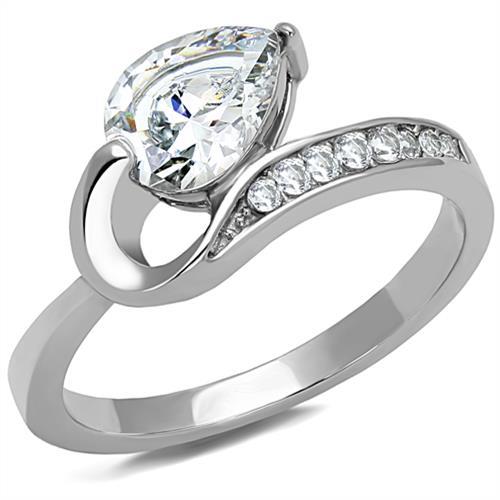 TK3022 - High polished (no plating) Stainless Steel Ring with AAA Grade CZ  in Clear - Joyeria Lady