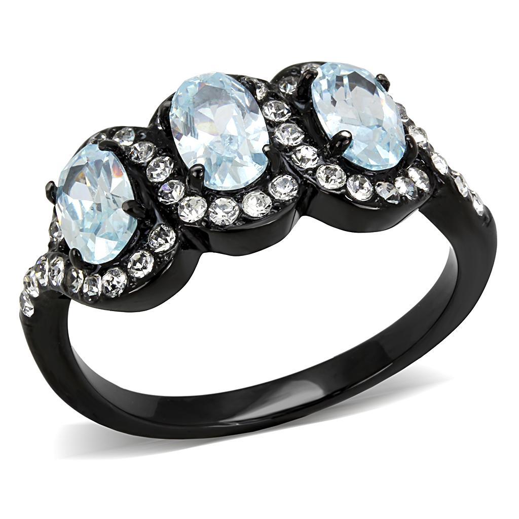 TK3050 - IP Black(Ion Plating) Stainless Steel Ring with AAA Grade CZ  in Sea Blue - Joyeria Lady