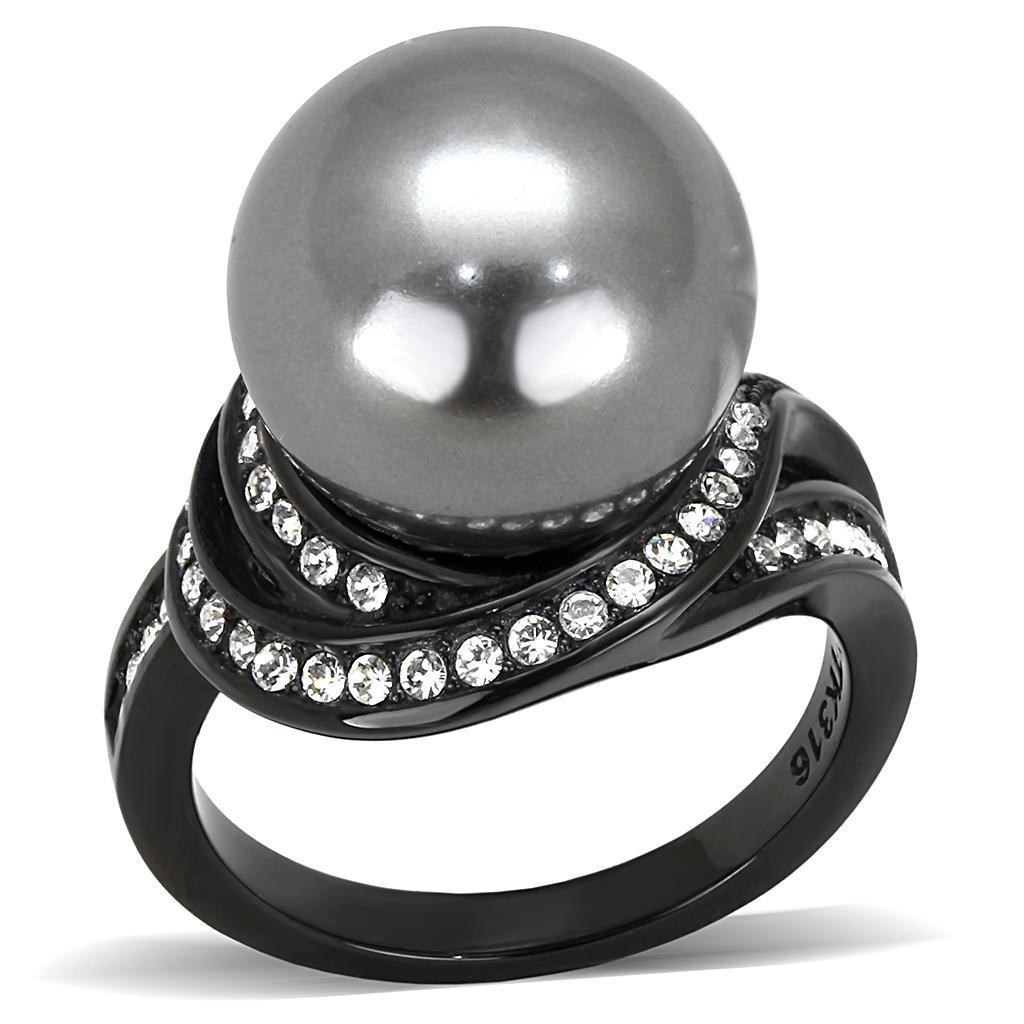 TK3052 - IP Black(Ion Plating) Stainless Steel Ring with Synthetic Pearl in Gray - Joyeria Lady