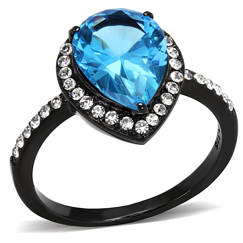 TK3057 - IP Black(Ion Plating) Stainless Steel Ring with Synthetic Synthetic Glass in Sea Blue - Joyeria Lady