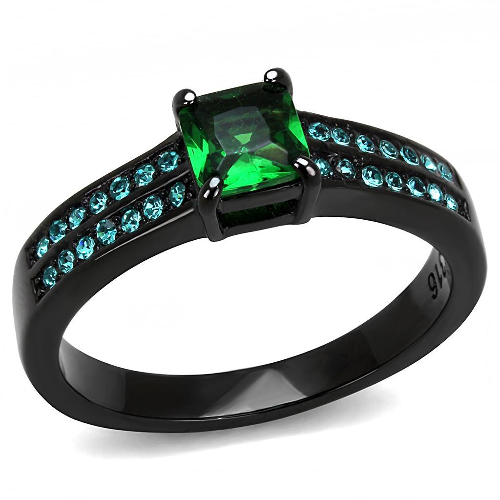 TK3064 - IP Black(Ion Plating) Stainless Steel Ring with Synthetic Synthetic Glass in Emerald - Joyeria Lady