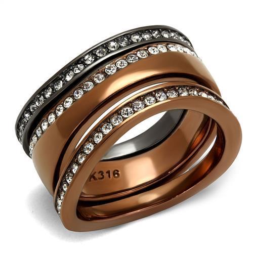 TK3082 - IP Light Black & IP Light coffee Stainless Steel Ring with Top Grade Crystal  in Black Diamond - Joyeria Lady