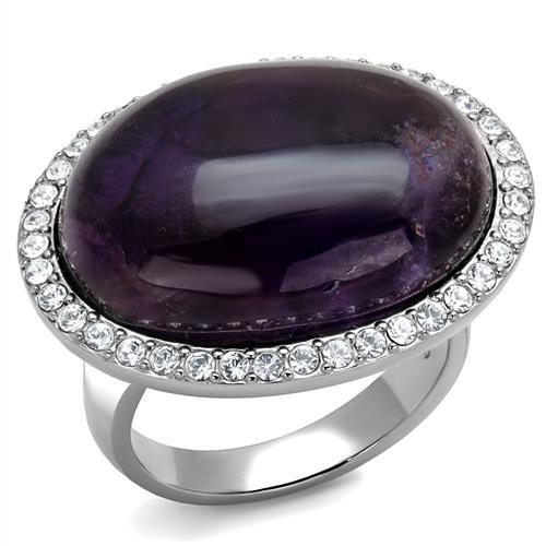 TK3083 - High polished (no plating) Stainless Steel Ring with Semi-Precious Amethyst Crystal in Amethyst - Joyeria Lady