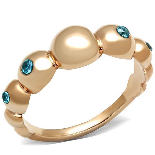 TK3088 - IP Rose Gold(Ion Plating) Stainless Steel Ring with AAA Grade CZ  in Sea Blue - Joyeria Lady