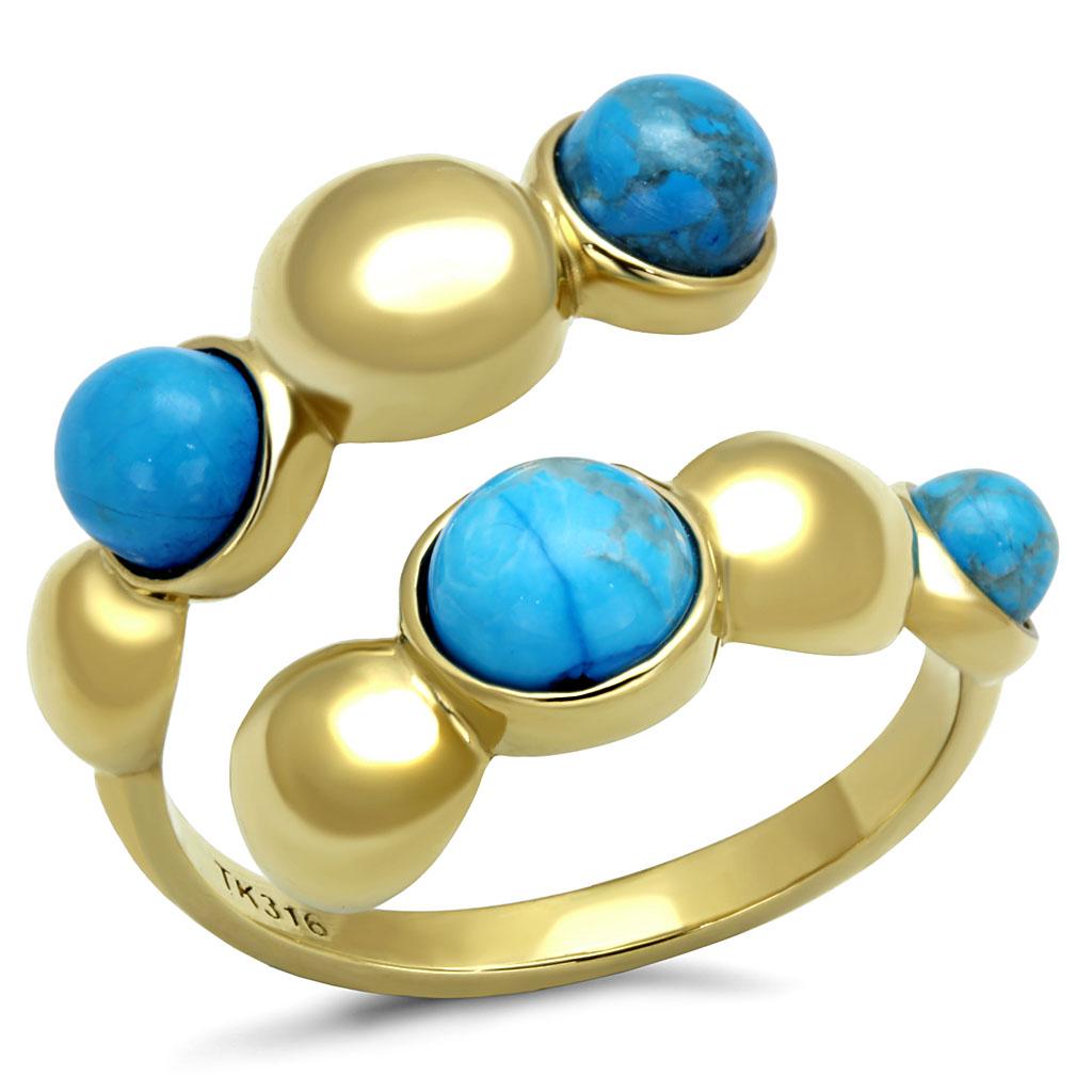 TK3091 - IP Gold(Ion Plating) Stainless Steel Ring with Semi-Precious Turquoise in Sea Blue - Joyeria Lady
