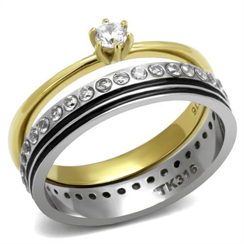 TK3108 - Two-Tone IP Gold (Ion Plating) Stainless Steel Ring with AAA Grade CZ  in Clear - Joyeria Lady