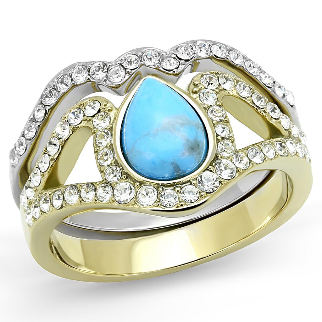 TK3124 - Two-Tone IP Gold (Ion Plating) Stainless Steel Ring with Synthetic Turquoise in Turquoise - Joyeria Lady