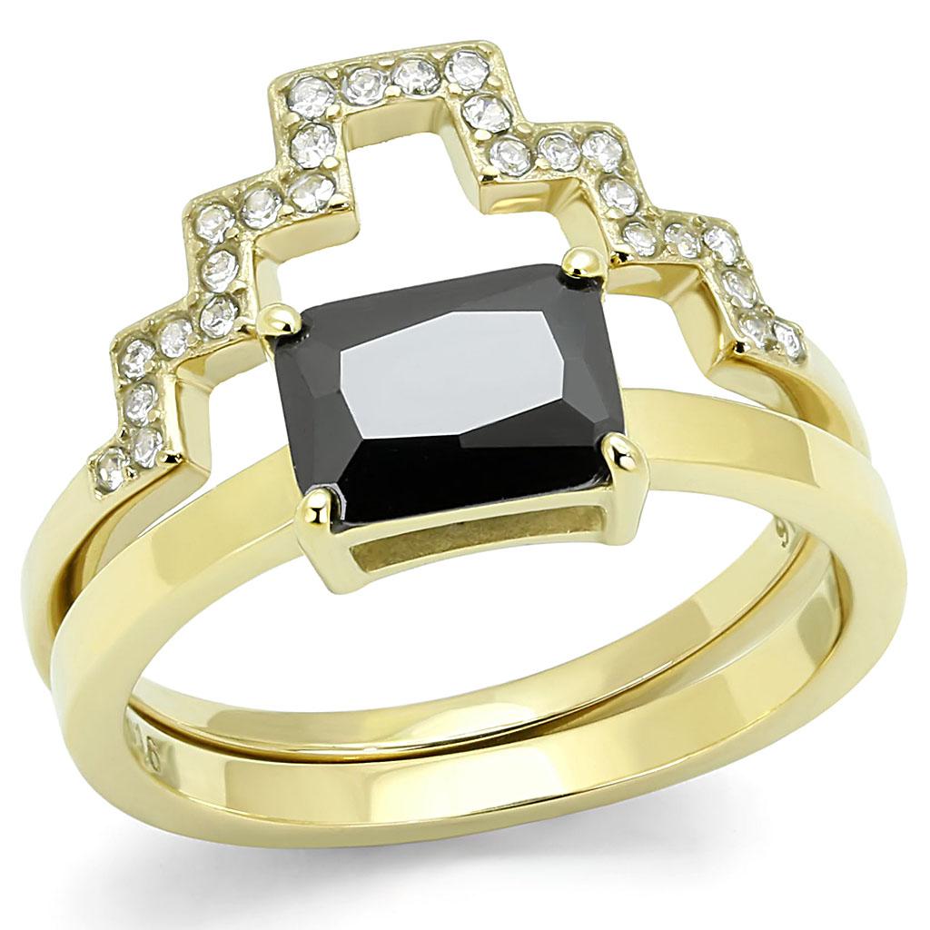 TK3127 - IP Gold(Ion Plating) Stainless Steel Ring with AAA Grade CZ  in Black Diamond - Joyeria Lady