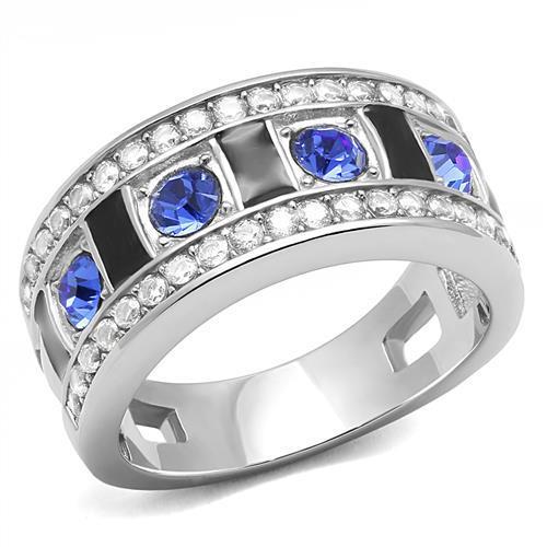 TK3141 - High polished (no plating) Stainless Steel Ring with Top Grade Crystal  in Sapphire - Joyeria Lady