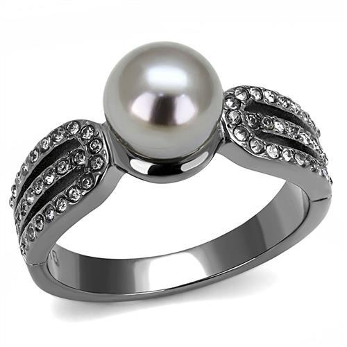 TK3170 - IP Light Black  (IP Gun) Stainless Steel Ring with Synthetic Pearl in Gray - Joyeria Lady