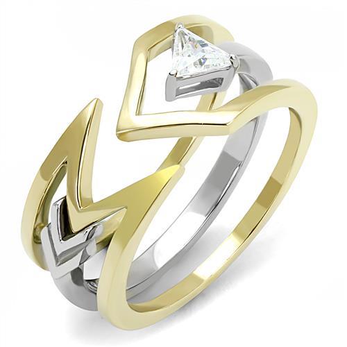 TK3183 - Two-Tone IP Gold (Ion Plating) Stainless Steel Ring with AAA Grade CZ  in Clear - Joyeria Lady