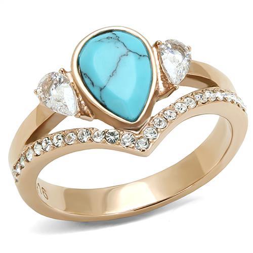 TK3200 - IP Rose Gold(Ion Plating) Stainless Steel Ring with Synthetic Turquoise in Sea Blue - Joyeria Lady