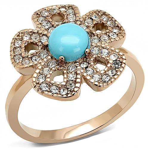TK3201 - IP Rose Gold(Ion Plating) Stainless Steel Ring with Synthetic Turquoise in Sea Blue - Joyeria Lady