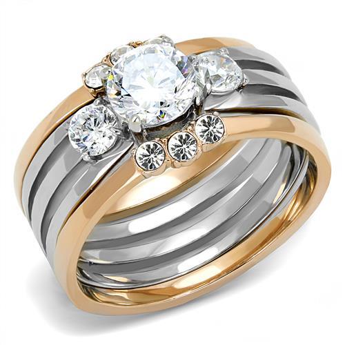 TK3212 - Two-Tone IP Rose Gold Stainless Steel Ring with AAA Grade CZ  in Clear - Joyeria Lady