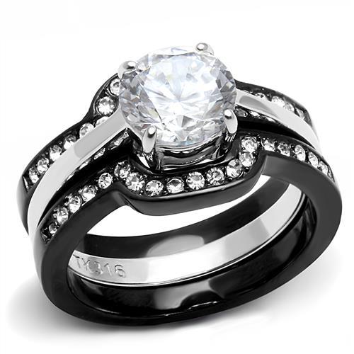 TK3214 - Two-Tone IP Black (Ion Plating) Stainless Steel Ring with AAA Grade CZ  in Clear - Joyeria Lady