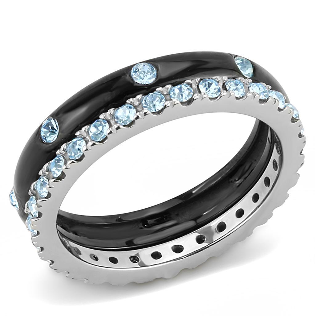 TK3233 - Two-Tone IP Black (Ion Plating) Stainless Steel Ring with Top Grade Crystal  in Sea Blue - Joyeria Lady