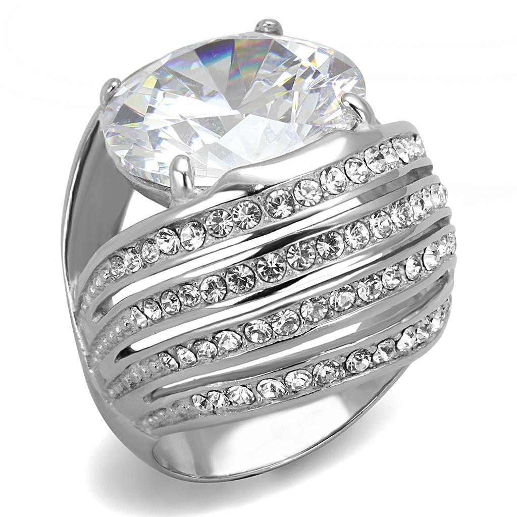 TK3263 - High polished (no plating) Stainless Steel Ring with AAA Grade CZ  in Clear - Joyeria Lady