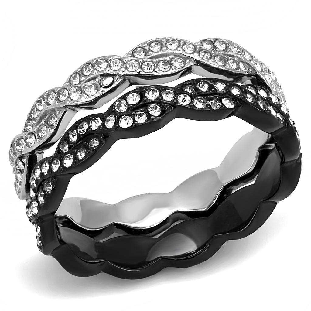 TK3265 - Two-Tone IP Black (Ion Plating) Stainless Steel Ring with Top Grade Crystal  in Clear - Joyeria Lady