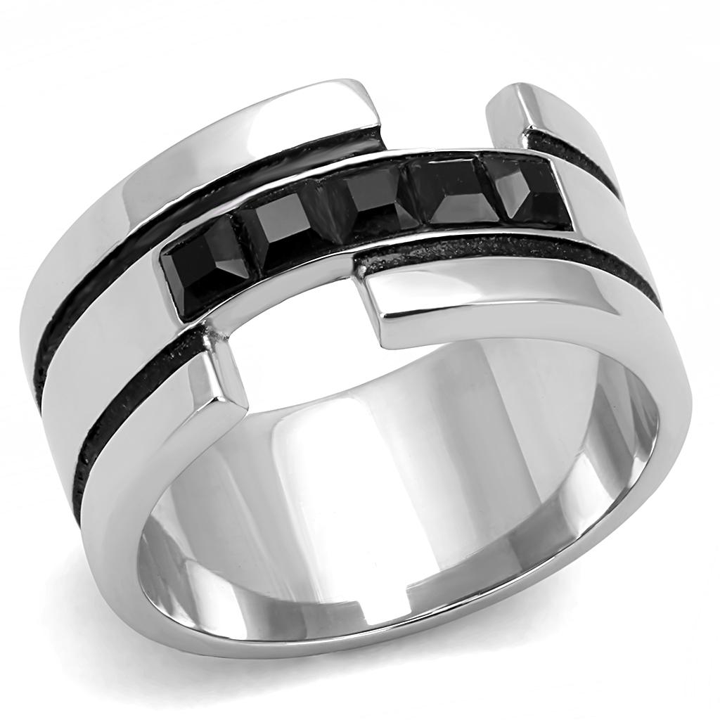 TK3284 High polished (no plating) Stainless Steel Ring with Top Grade Crystal in Jet - Joyeria Lady