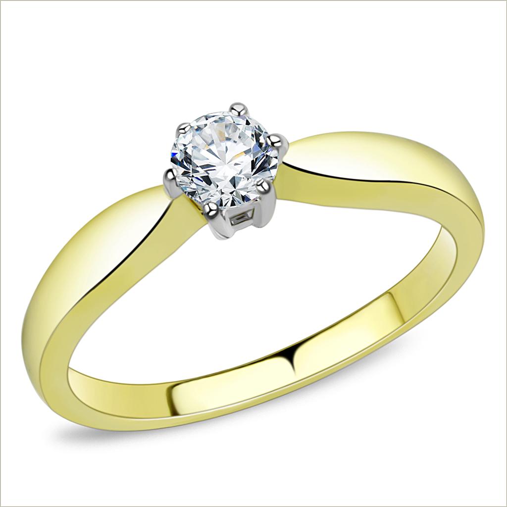 TK3440 - Two-Tone IP Gold (Ion Plating) Stainless Steel Ring with AAA Grade CZ  in Clear - Joyeria Lady
