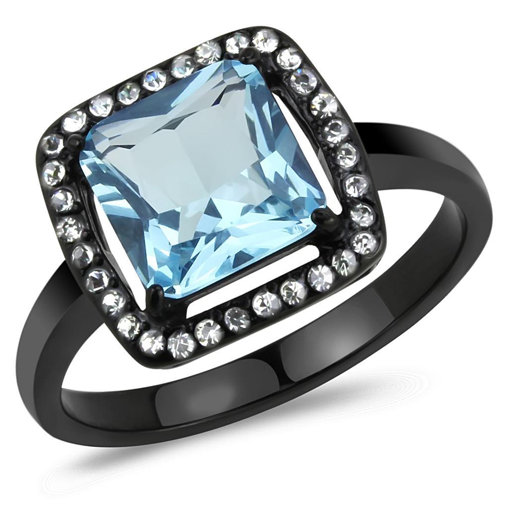 TK3447 - IP Black(Ion Plating) Stainless Steel Ring with Synthetic Synthetic Glass in Sea Blue - Joyeria Lady