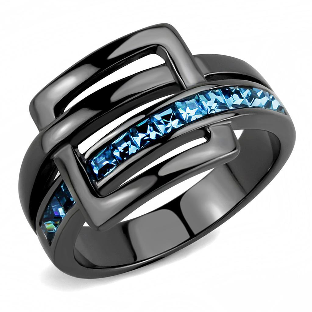 TK3451 - IP Light Black  (IP Gun) Stainless Steel Ring with Top Grade Crystal  in Sea Blue - Joyeria Lady