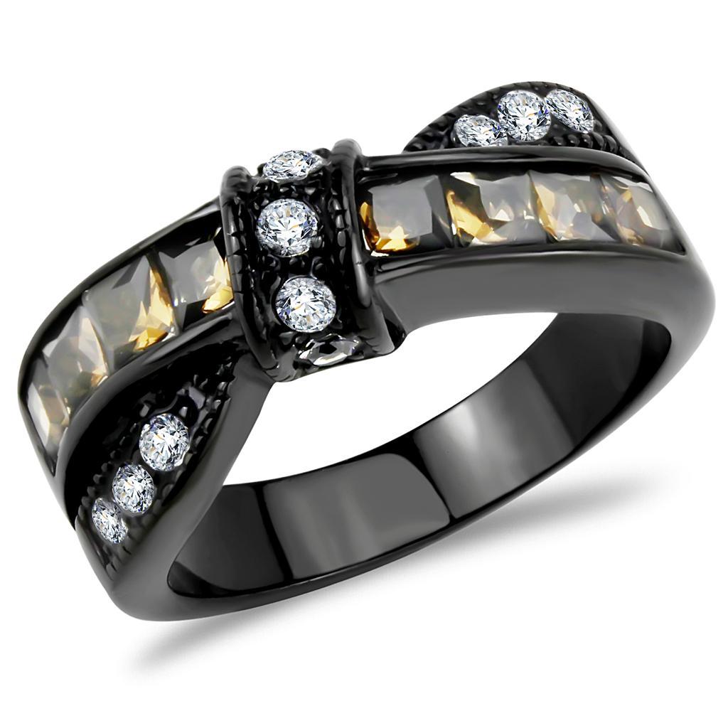 TK3452 - IP Black(Ion Plating) Stainless Steel Ring with Synthetic Synthetic Glass in Brown - Joyeria Lady
