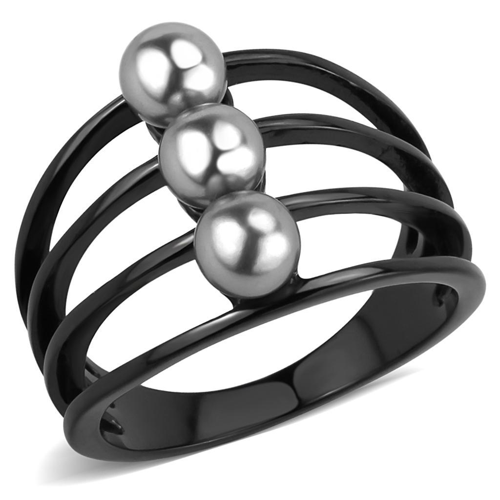 TK3454 - IP Black(Ion Plating) Stainless Steel Ring with Synthetic Pearl in Gray - Joyeria Lady
