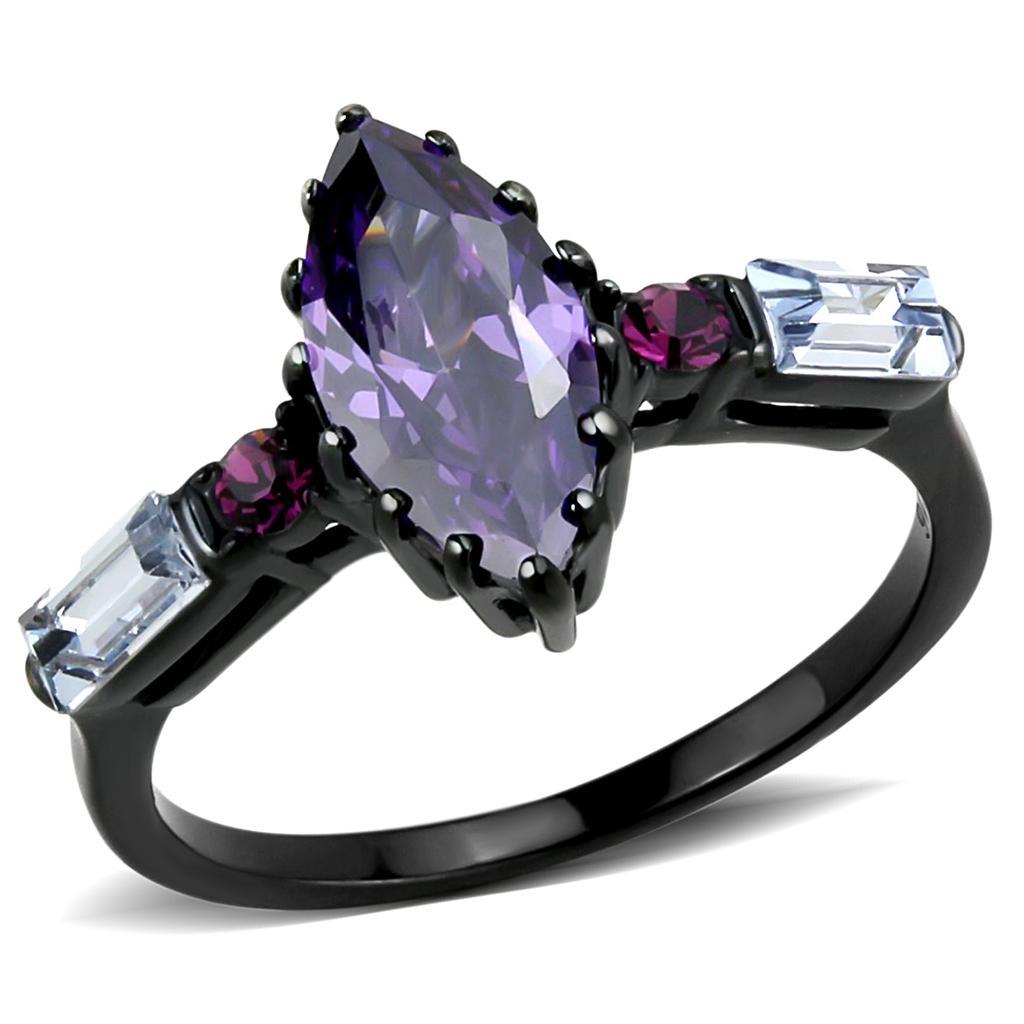 TK3456 - IP Black(Ion Plating) Stainless Steel Ring with AAA Grade CZ  in Amethyst - Joyeria Lady