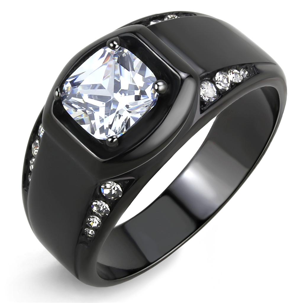 TK3467 IP Black(Ion Plating) Stainless Steel Ring with AAA Grade CZ in Clear - Joyeria Lady