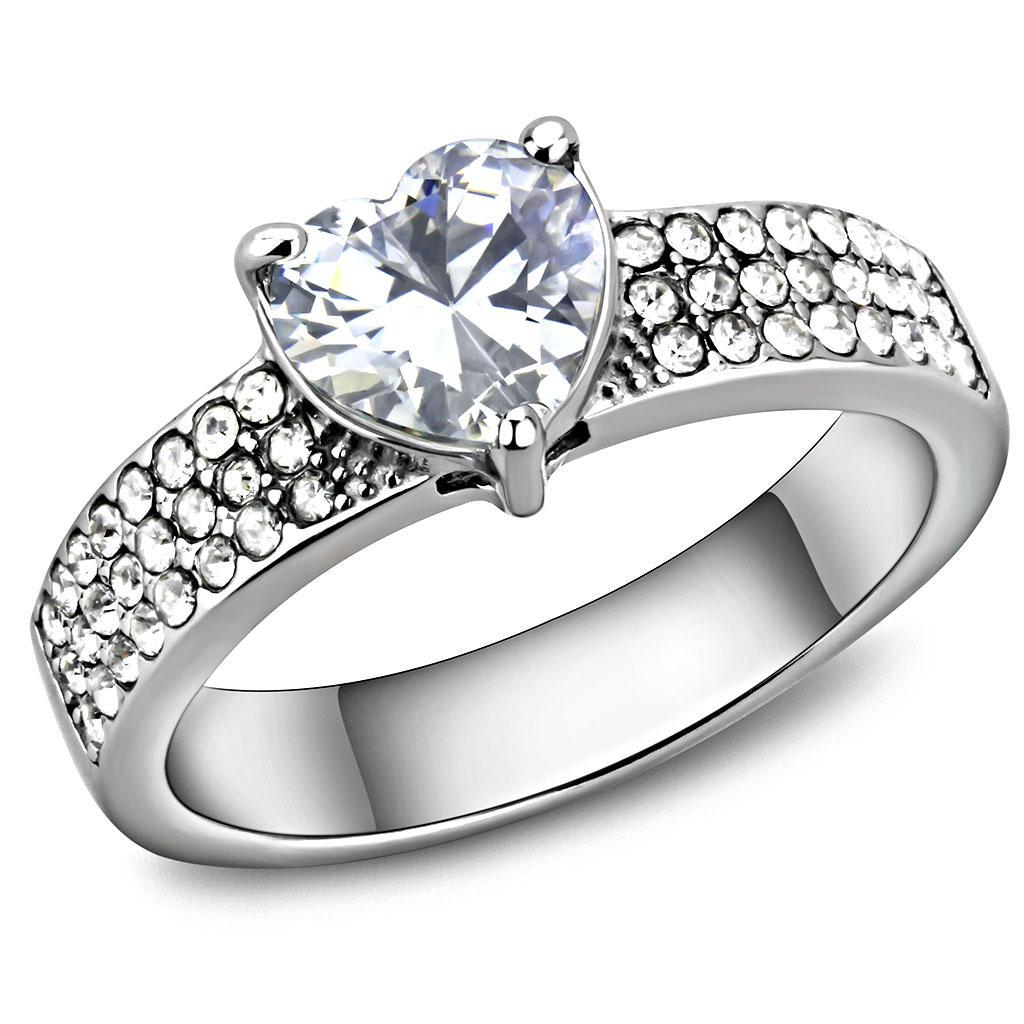 TK3505 - High polished (no plating) Stainless Steel Ring with AAA Grade CZ  in Clear - Joyeria Lady