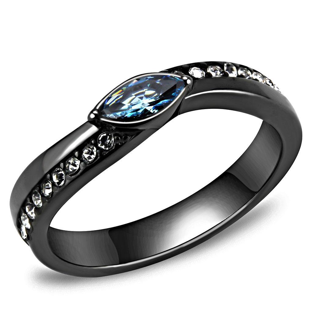 TK3511 - IP Light Black  (IP Gun) Stainless Steel Ring with AAA Grade CZ  in Sea Blue - Joyeria Lady