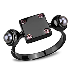 TK3513 - IP Light Black  (IP Gun) Stainless Steel Ring with Synthetic Pearl in Gray - Joyeria Lady