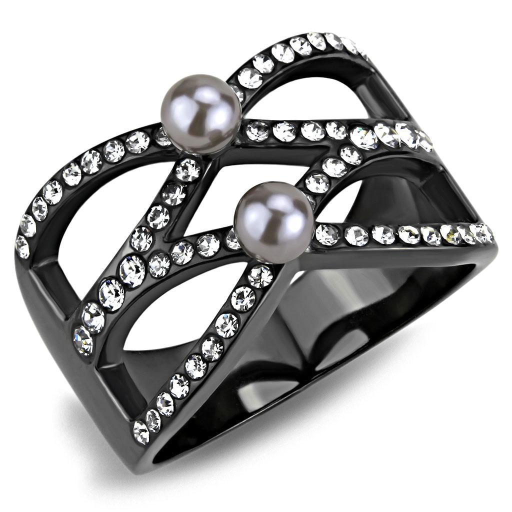TK3515 - IP Light Black  (IP Gun) Stainless Steel Ring with Synthetic Pearl in Gray - Joyeria Lady