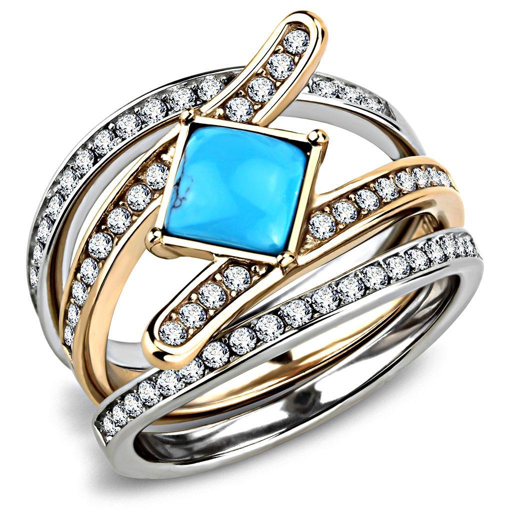 TK3519 - Two-Tone IP Rose Gold Stainless Steel Ring with Synthetic Turquoise in Sea Blue - Joyeria Lady