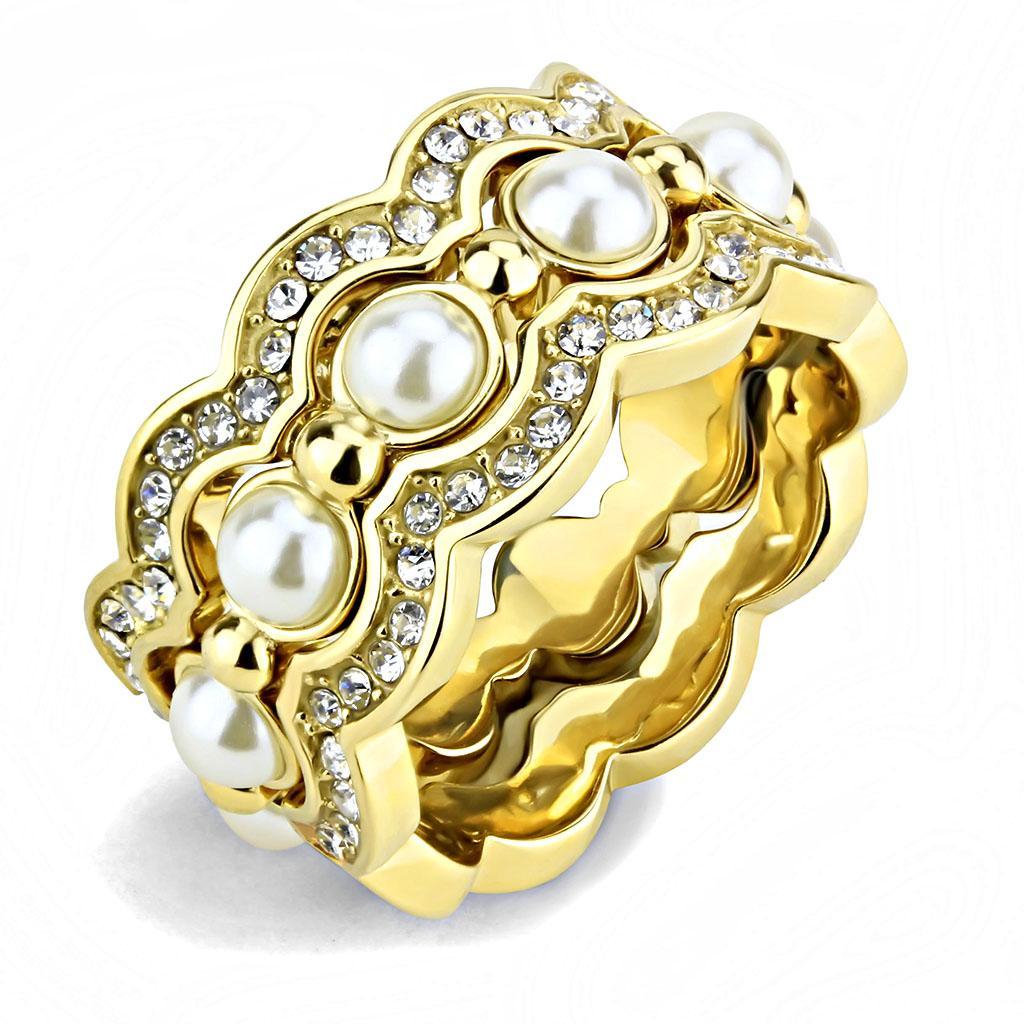 TK3520 - IP Gold(Ion Plating) Stainless Steel Ring with Synthetic Pearl in White - Joyeria Lady