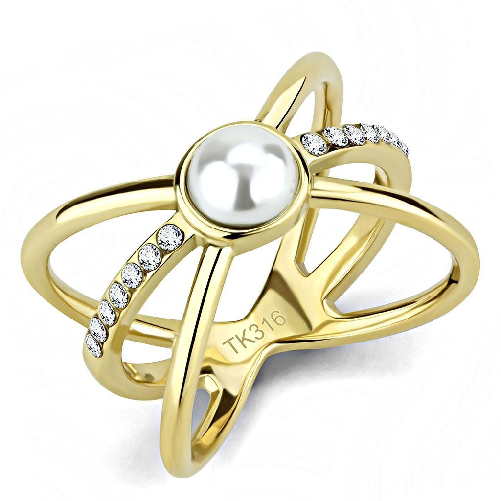TK3522 - IP Gold(Ion Plating) Stainless Steel Ring with Synthetic Pearl in White - Joyeria Lady