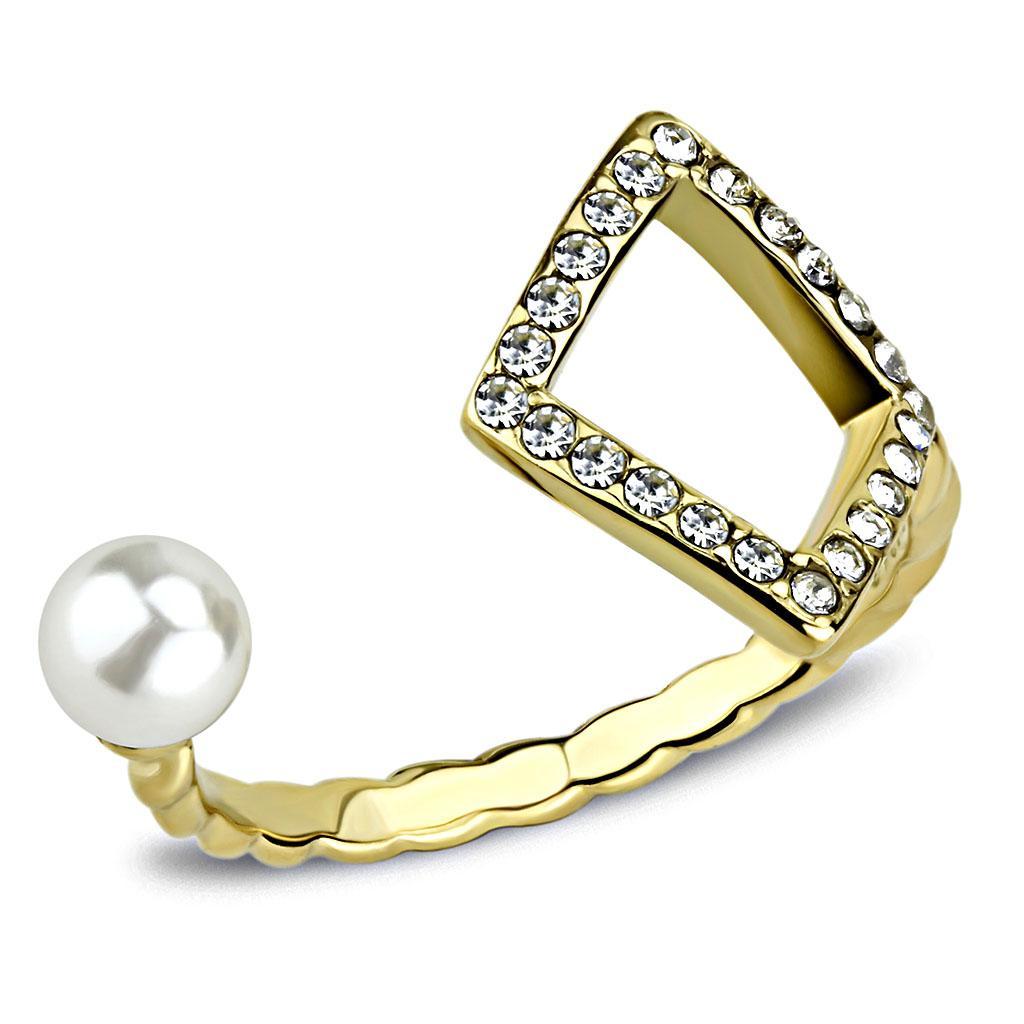 TK3523 - IP Gold(Ion Plating) Stainless Steel Ring with Synthetic Pearl in White - Joyeria Lady