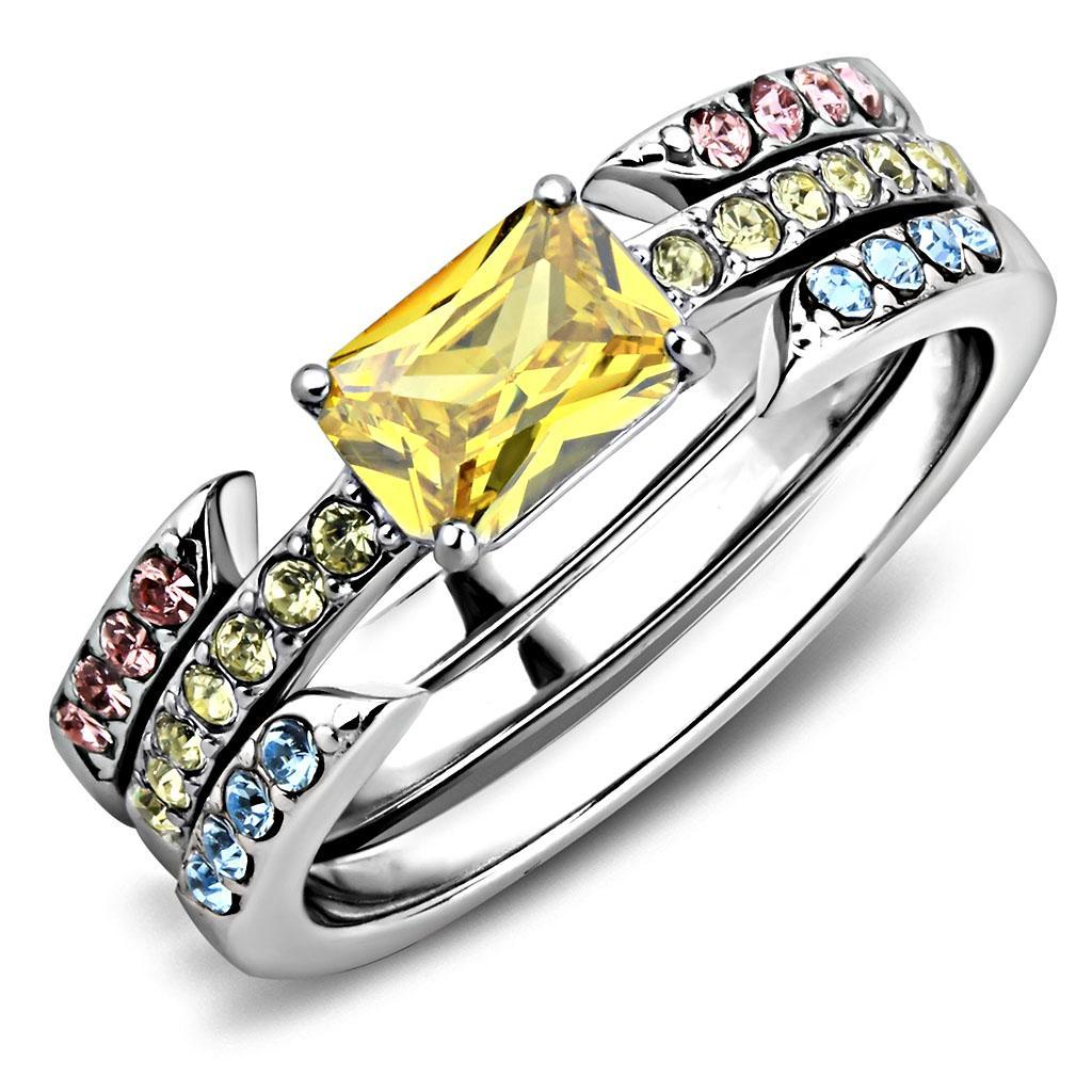 TK3526 - High polished (no plating) Stainless Steel Ring with AAA Grade CZ  in Topaz - Joyeria Lady