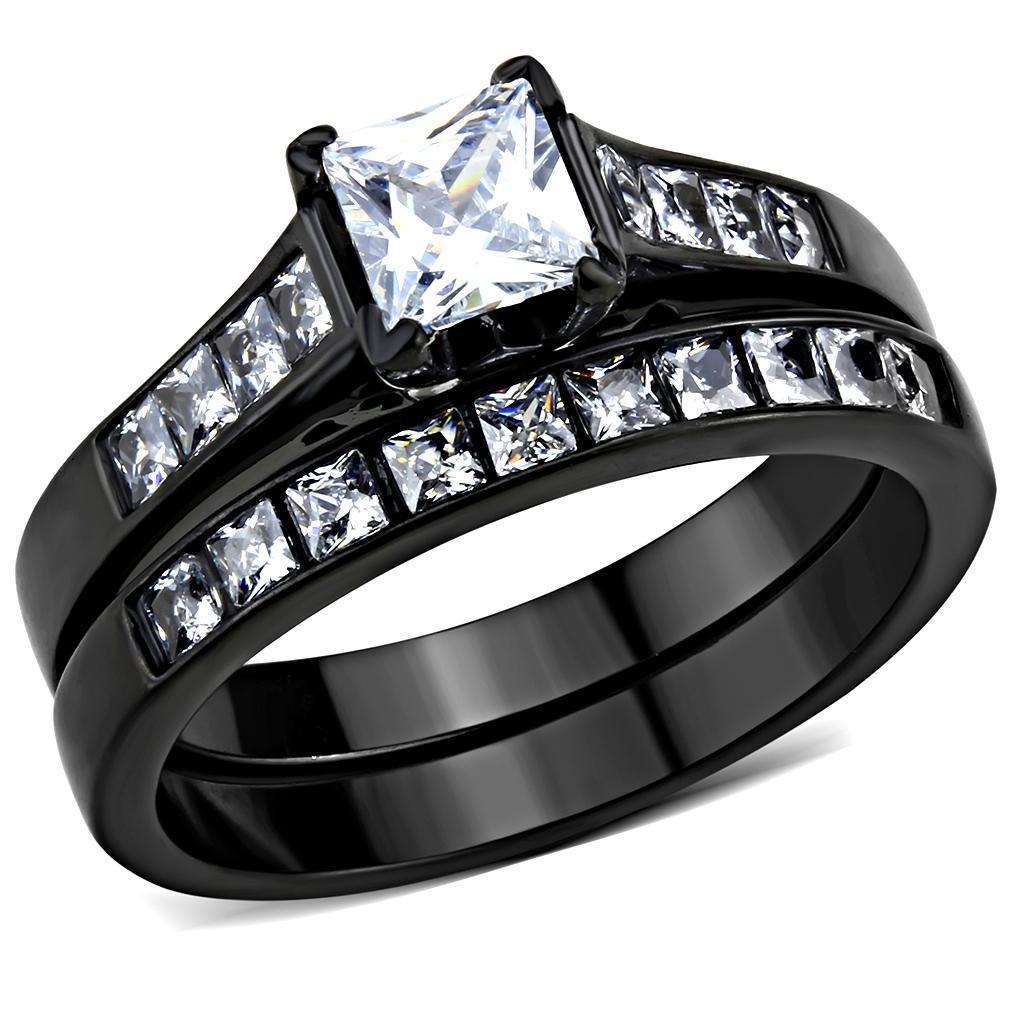 TK3555 - IP Black(Ion Plating) Stainless Steel Ring with AAA Grade CZ  in Clear - Joyeria Lady