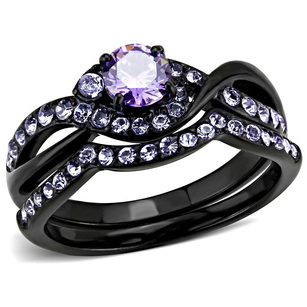 TK3560 - IP Black(Ion Plating) Stainless Steel Ring with AAA Grade CZ  in Amethyst - Joyeria Lady