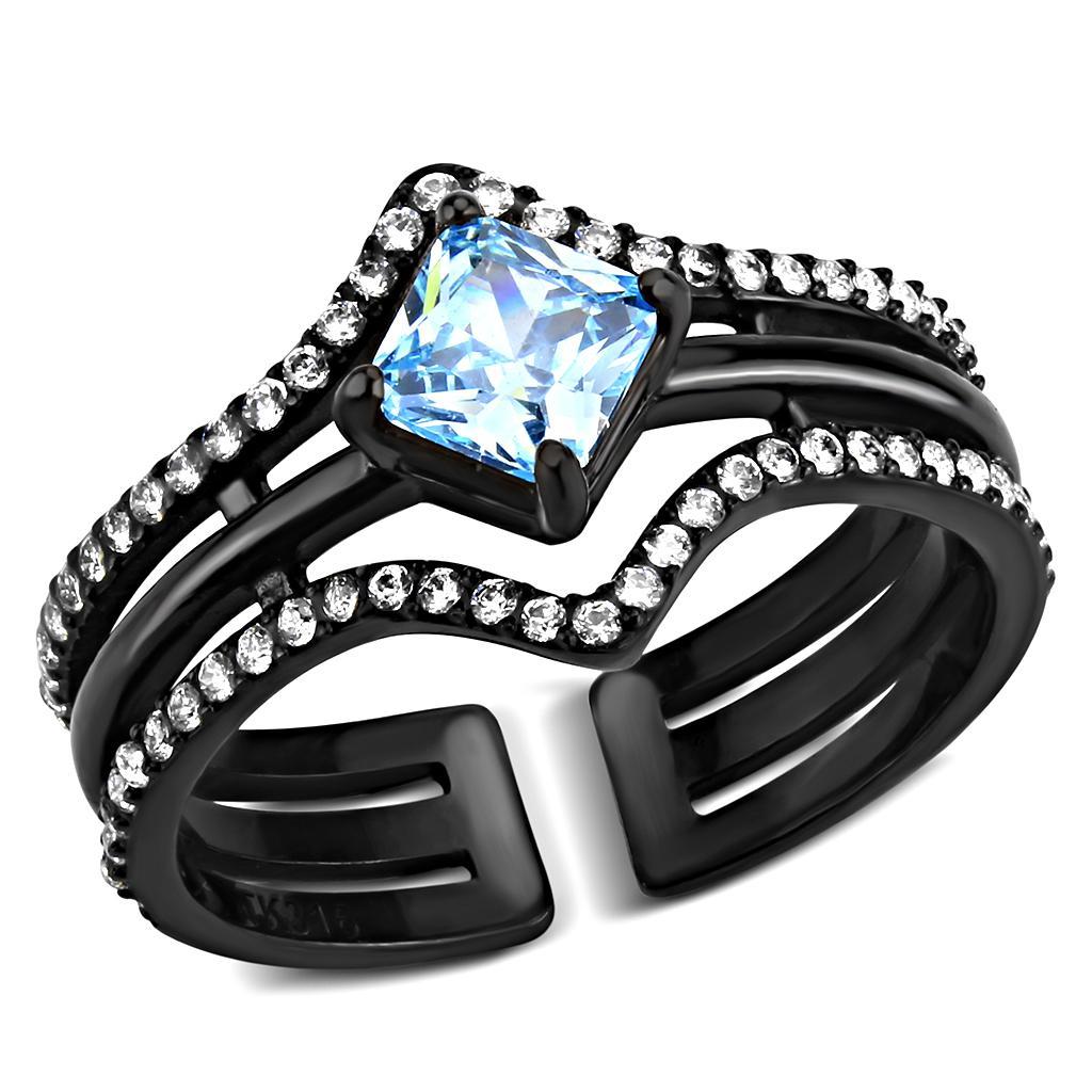 TK3562 - IP Black(Ion Plating) Stainless Steel Ring with AAA Grade CZ  in Sea Blue - Joyeria Lady