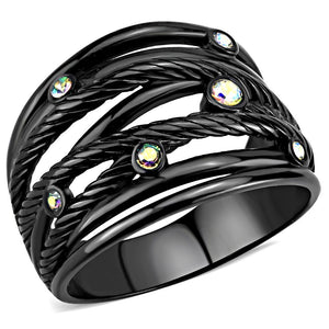 TK3566 - IP Black(Ion Plating) Stainless Steel Ring with Top Grade Crystal  in Aurora Borealis (Rainbow Effect) - Joyeria Lady