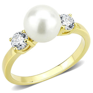 TK3567 - IP Gold(Ion Plating) Stainless Steel Ring with Synthetic Pearl in White - Joyeria Lady