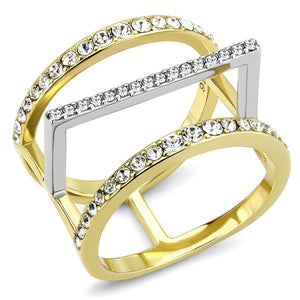 TK3593 - Two-Tone IP Gold (Ion Plating) Stainless Steel Ring with Top Grade Crystal  in Clear - Joyeria Lady