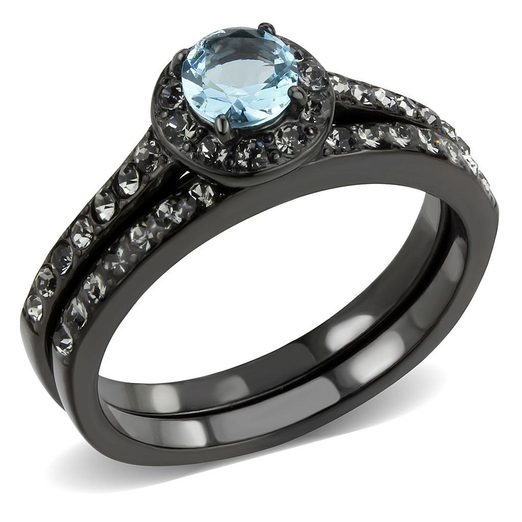 TK3634 - IP Black(Ion Plating) Stainless Steel Ring with Synthetic Synthetic Glass in Sea Blue - Joyeria Lady