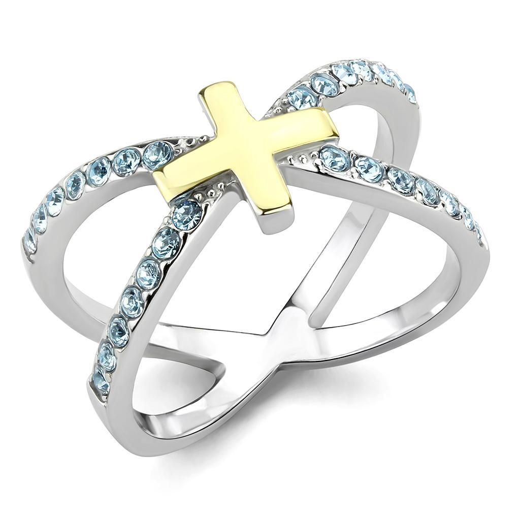 TK3636 - Two-Tone IP Gold (Ion Plating) Stainless Steel Ring with Top Grade Crystal  in Sea Blue - Joyeria Lady