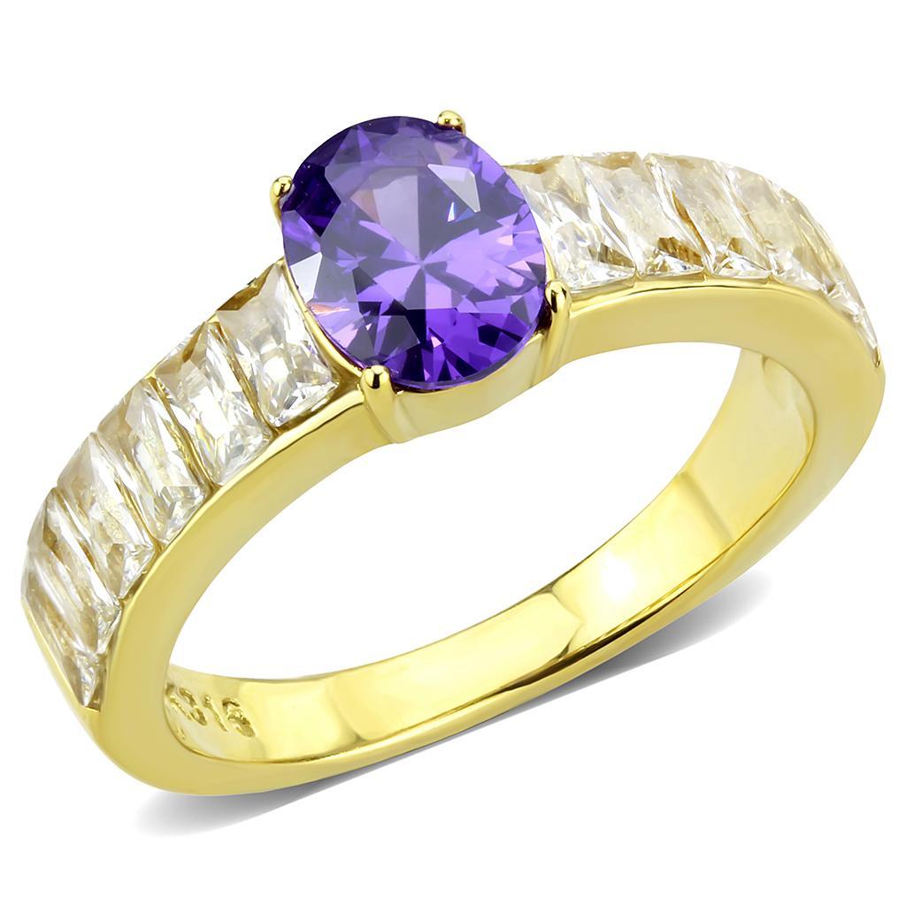 TK3641 - IP Gold(Ion Plating) Stainless Steel Ring with AAA Grade CZ  in Tanzanite - Joyeria Lady